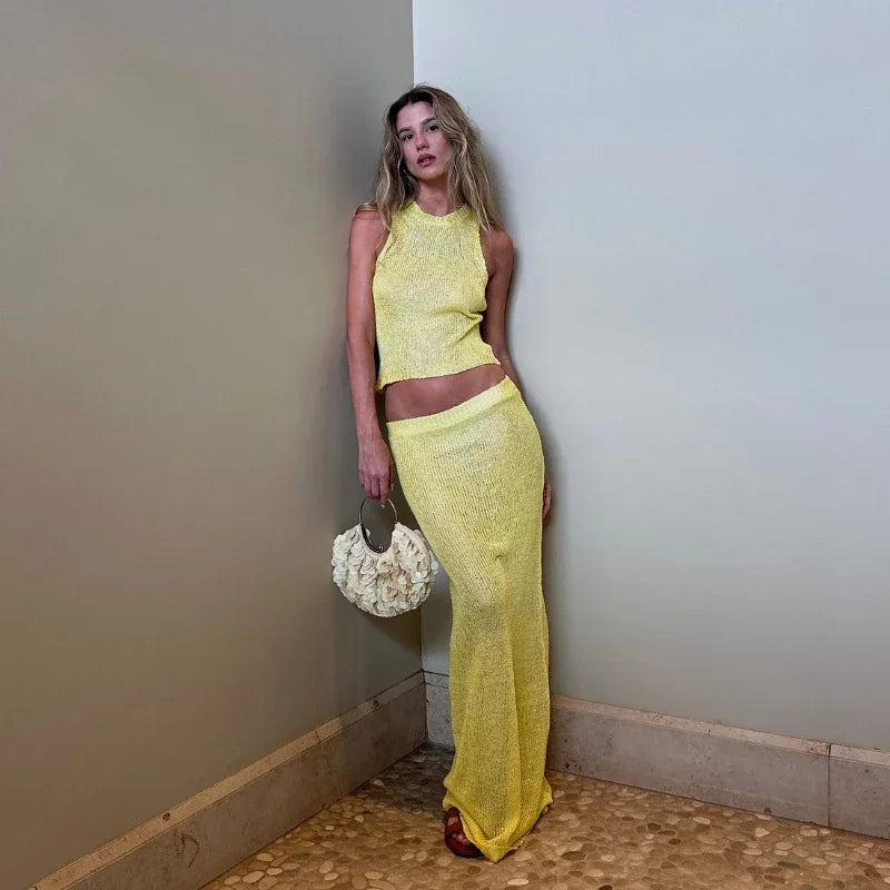 Sexy Transparent Sleeveless Shiny Camisole Tank Top Long Dress Two Piece Set 2025 Fashion Elastic Waist Wrap Hip Knitted Set K68