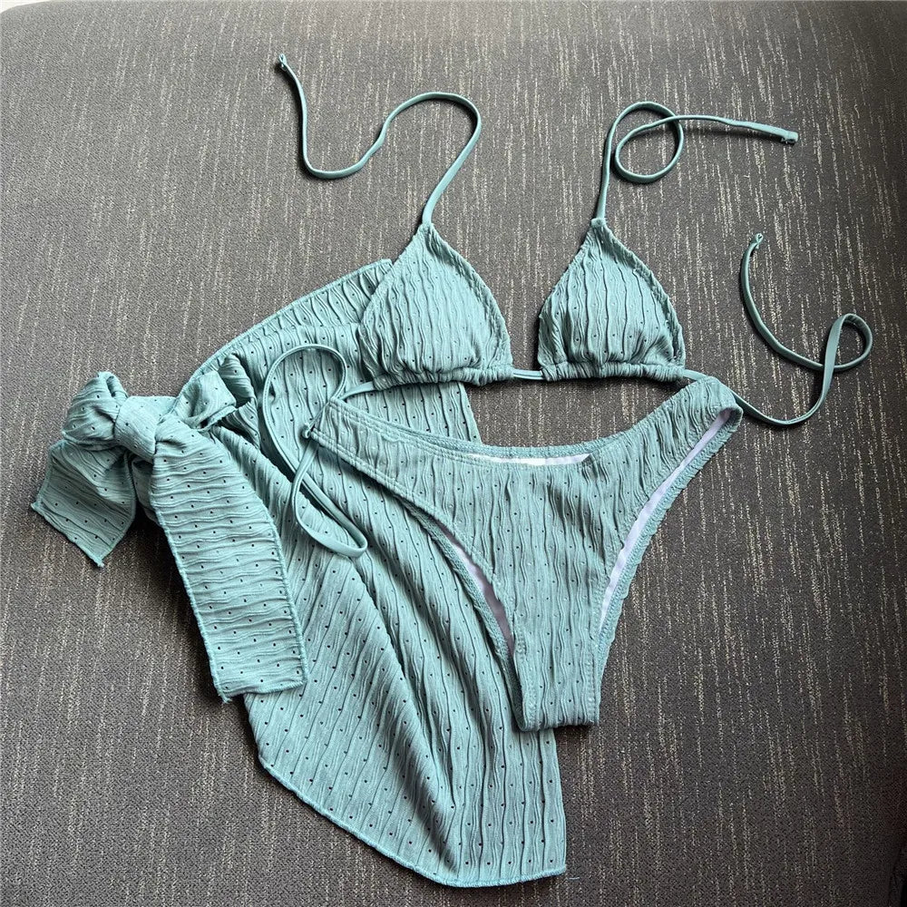 White Swimwear with Cover Up Halter Micro Thong 3 Piece Bikini Set Women Textured Swimsuit String Bathing Suit Bikinis Beachwear