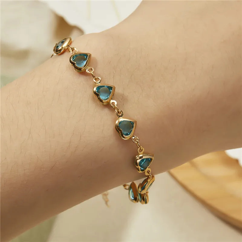 Exquisite Boho Candy Color Heart Shaped Crystal Bracelet for Women Fashion Charm Zircon Butterfly Pearl Metal Chain Bracelets