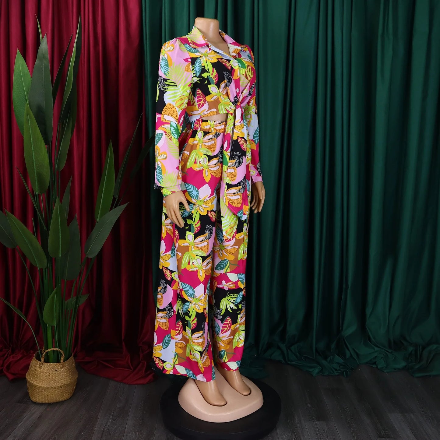 Women 2 Pieces Printed Pants Sets Blouse & Wide Leg Pants Floor Length Fashion High Street Wear Female Two Pieces Matching Sets