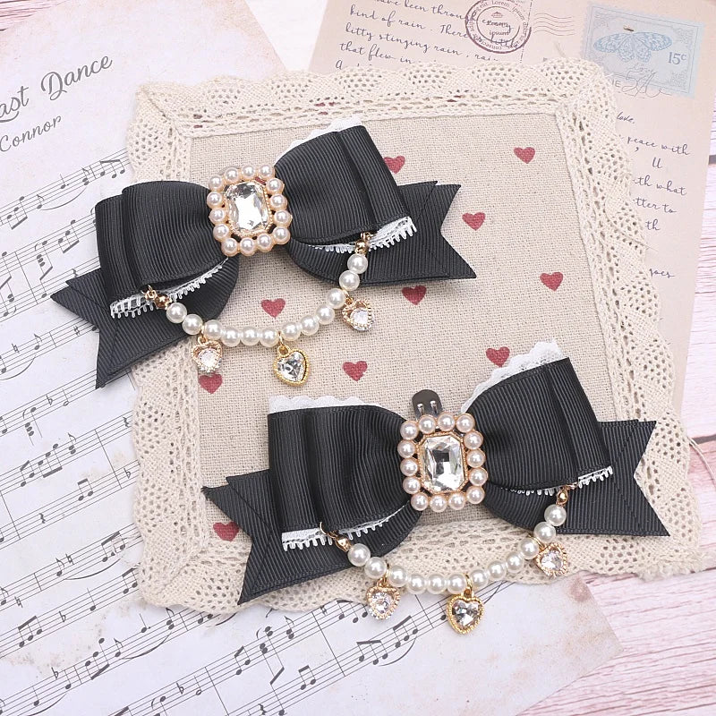 Jirai Kei Style Mine Lace Splicing Bow Shoes Accessories Lolita Beaded Heart Rhinestone Bow Shoe Clip Mary Janes Buckle