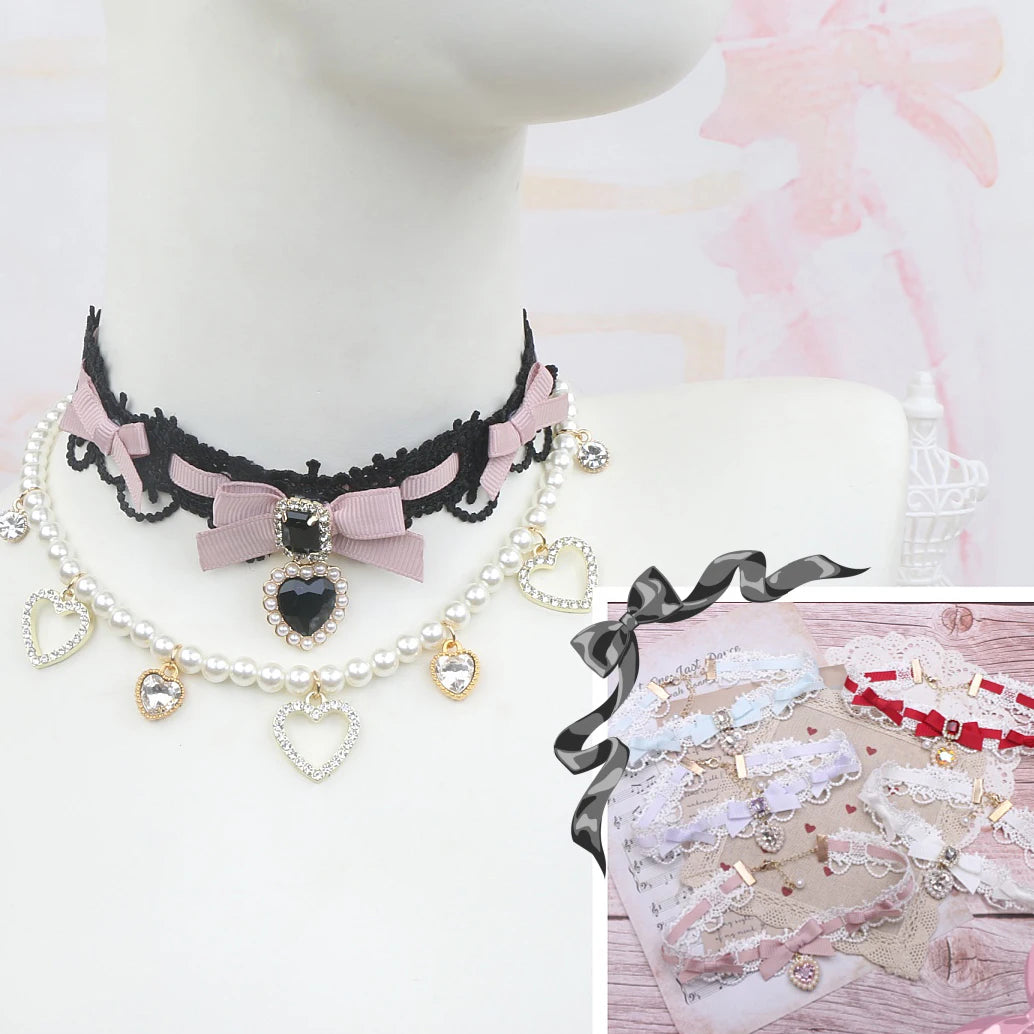 Lolita-Style Lace Choker Pearl Heart Rhinestone Necklace Lolita Pendant Girl Sweet Pearl Necklace with Heart Pendant for Women