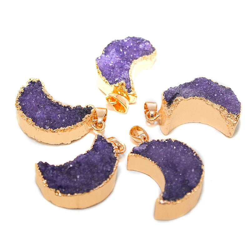 Natural Druzy Quartz Stone Moon Shape Pendant Jewelry Raw Crystal Cluster Jewelry For Women Girls Necklace Making
