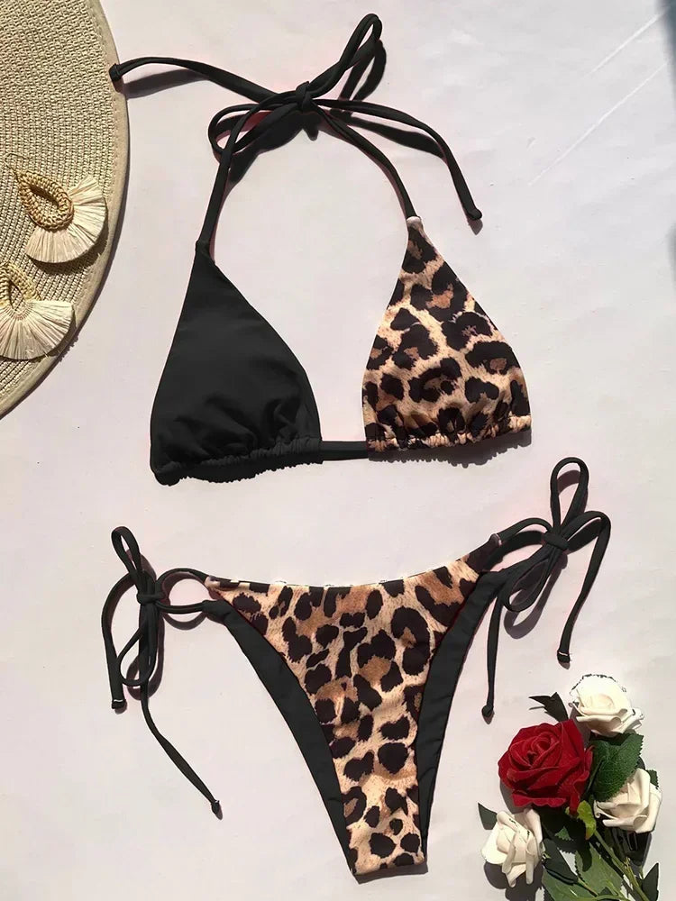 Halter Splicing Leopard Bikinis 2025 Satin Bikini Female Swimsuit Women Swimwear Two-pieces Bikini Set Micro Bathing Suit Swim