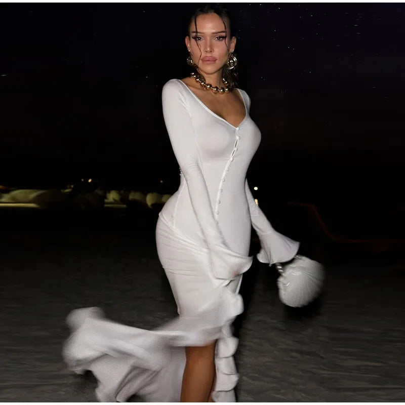 Flounce Solid Color Slim Dress Woman Single Breasted Deep V-Neck Flared Sleeve Irregular Hem Dresses Elegant Women's Slit Dress