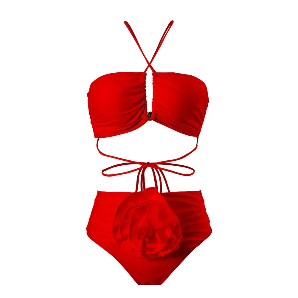 Sexy Red 3D Flower Swimwear Halter Bandeau Bikinis Sets High Wiast Swimsuit 2025 Women Ruched Bathing Suit Bikini Mujer Bather
