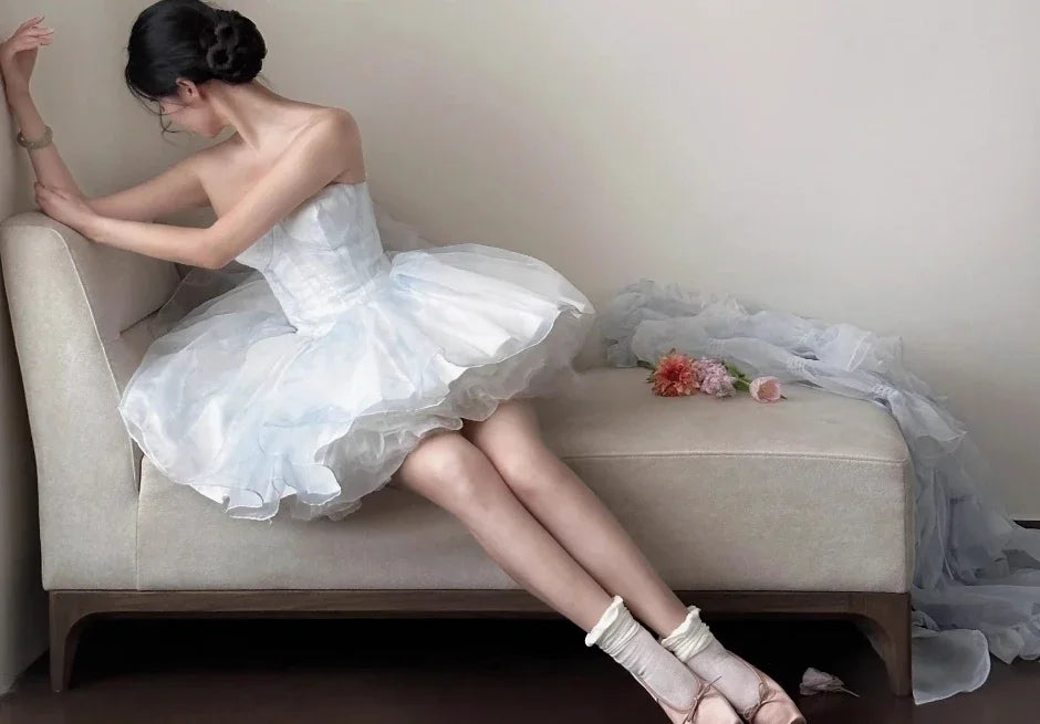 French Style Flower Wedding Dress Lolita Sweet Girl Women Fairy Tube Top Sling Dress with Long Cardigan Birthday Princess Dress