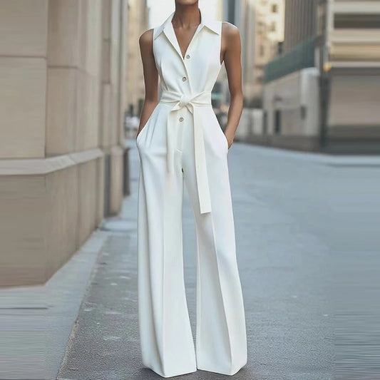 Temperament Tie-Up Solid Color Party Jumpsuit Elegant Sleeveless Pocket Straight Playsuit Fashion Lapel Button Waist Long Romper