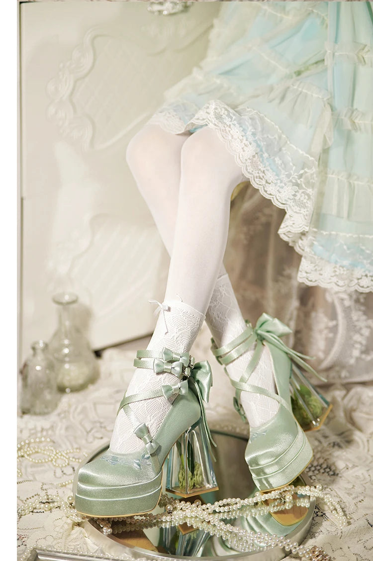 Original Lolita High Heels Elegant Ladies Camellia Embroidery Sweet Bow Satin Mary Jane Shoes Cos Shoes Women's Chunky Heels