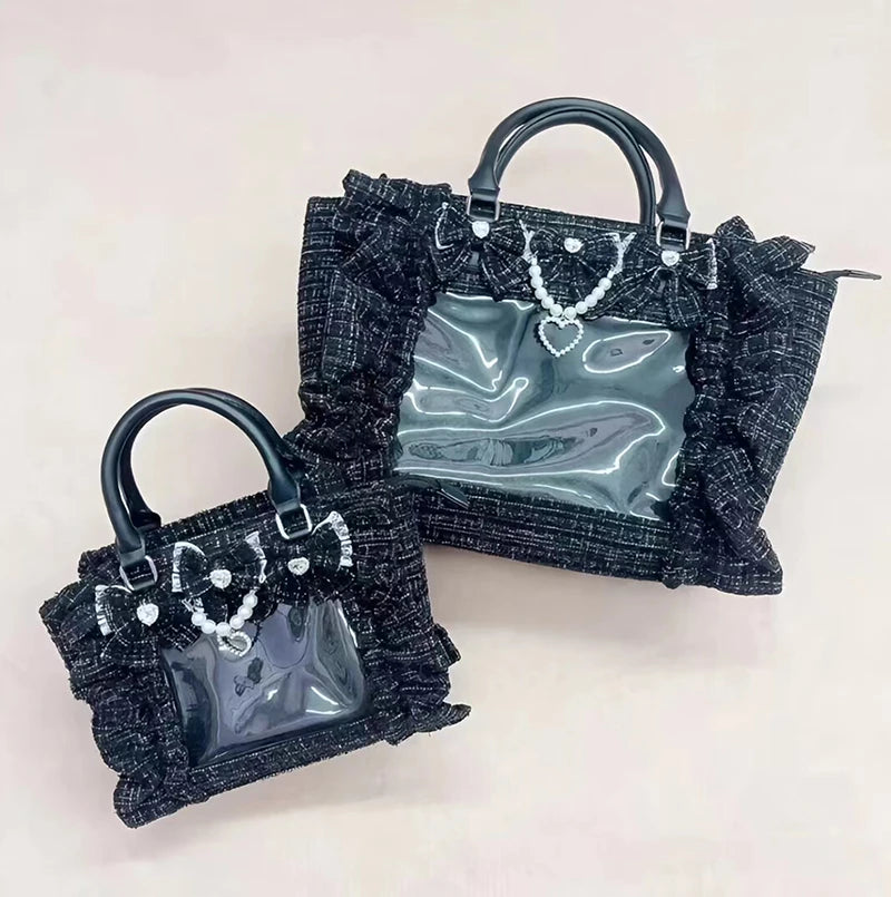 Japanese Style Mine Ita Bag Ruffled Lace Women Girls Rhienstone Pearl Bowknot Square Tote Shoulder Portable Bolso Handbags