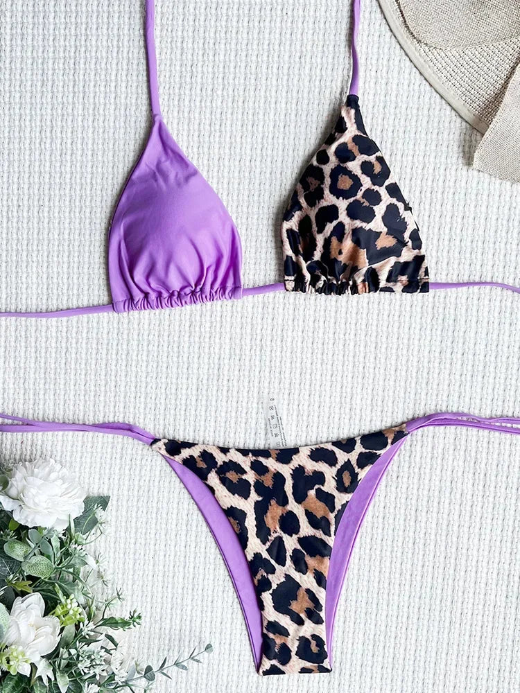 Halter Splicing Leopard Bikinis 2025 Satin Bikini Female Swimsuit Women Swimwear Two-pieces Bikini Set Micro Bathing Suit Swim