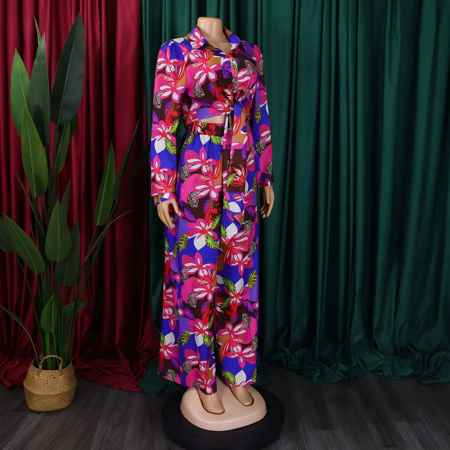 Women 2 Pieces Printed Pants Sets Blouse & Wide Leg Pants Floor Length Fashion High Street Wear Female Two Pieces Matching Sets