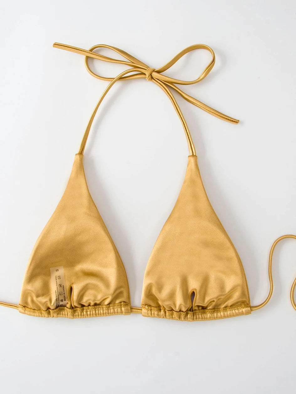 Metallic Halter Triangle Bikini 2023 Swimsuit Women Swimwear Female Bathing Suits Brazilian Thong Micro Bikinis Set Beach Wear