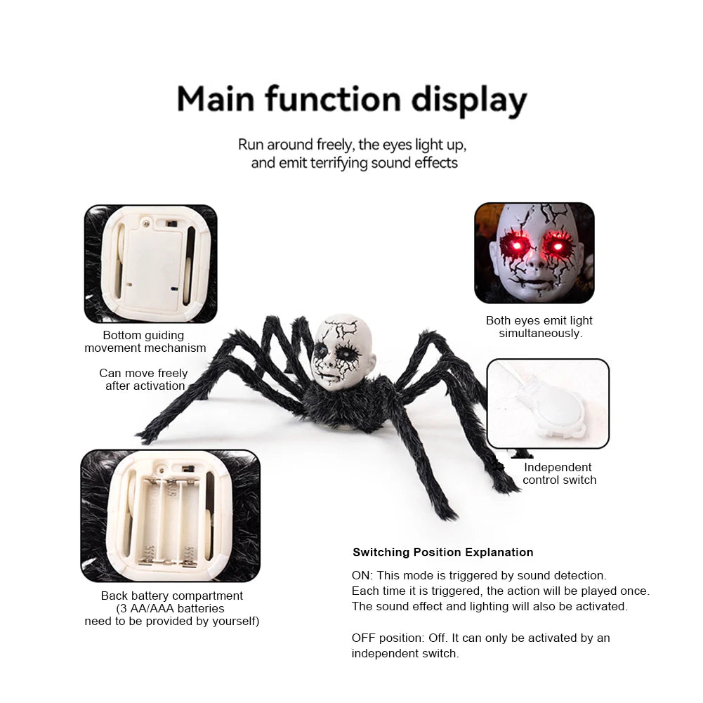 Halloween Animatronic  Face Spider Sound Activated Scary Walking Spider Haunted House Prop Halloween Party Porch Decoration