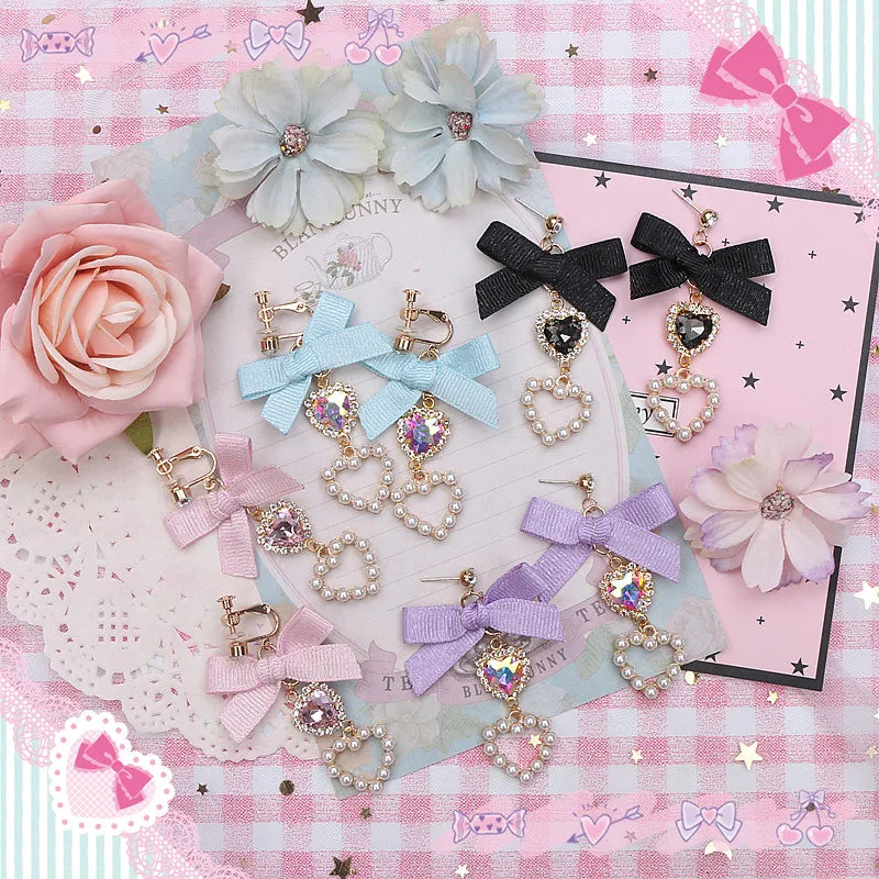 Lolita  Earrings Accessories for Women Lo Style Kawaii Bow Heart Earrings Clip/Needle Cute Women's Rhinestone Pearl