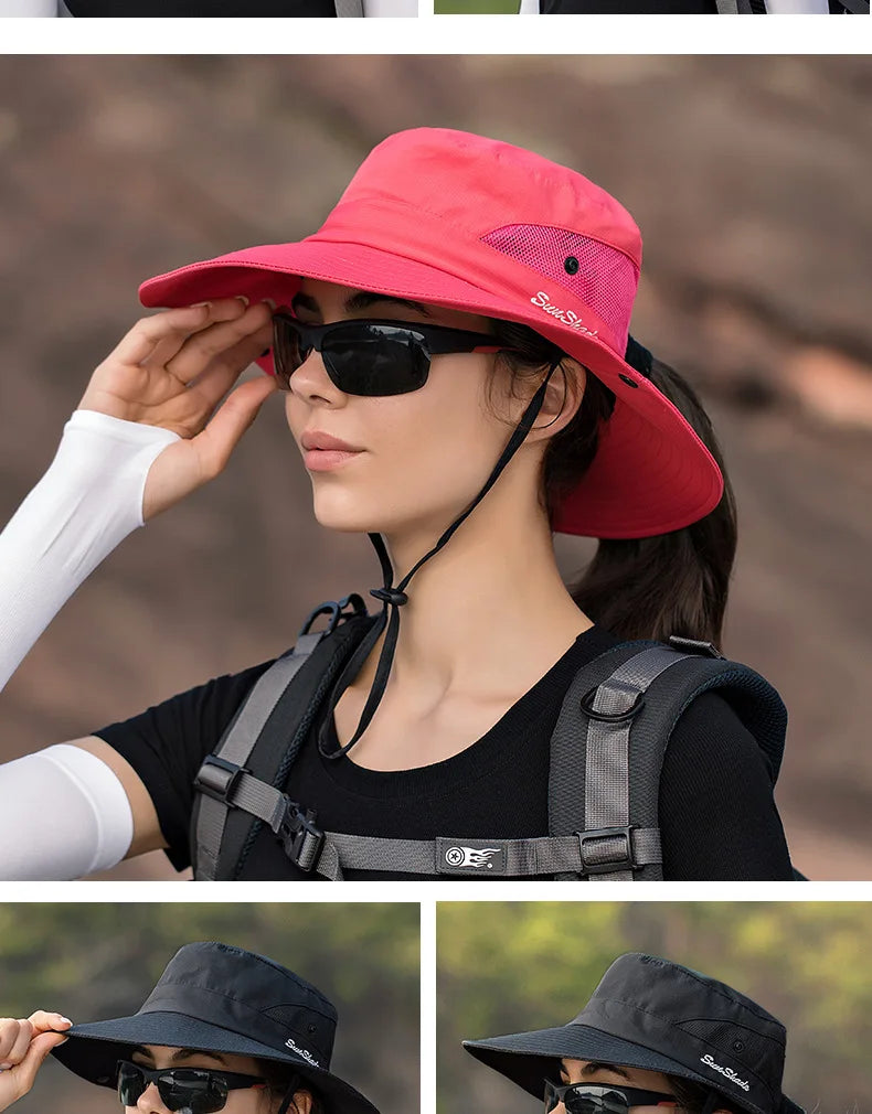 Women Summer Adjustable Bucket Hat with a Ponytail Hole Girls Sun Protection Hiking Cap Parent-child Outdoor Wide Brim Headgear