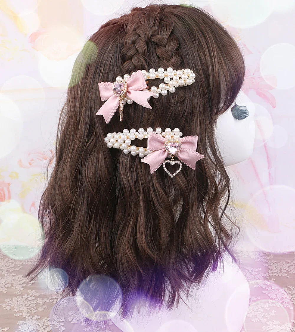 Cute Sweet Japanese Lolita Barrettes Hairpin Mine Pearl Bow Rhinestone Love Heart A Pair Of Hairclips Side Clip Hair Accessories