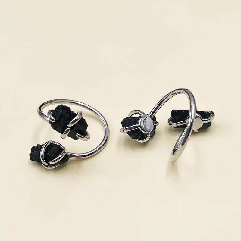 Irregular Black Tourmaline Open Ring Silver Color Handmade Raw Stone Finger Jewelry Resizable