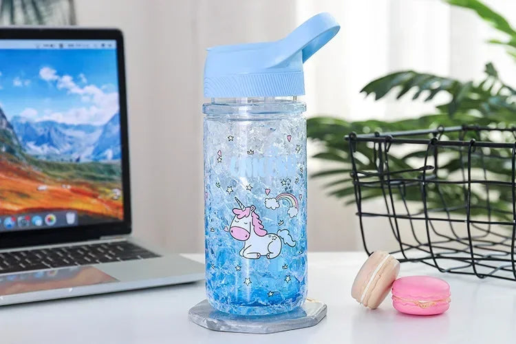 Stylish Double Straw Unicorn Ice Cup Summer Cold Drink Juice Coffee Water bottle Boy's Girl's Portable Plastic Cups Novelty Gift