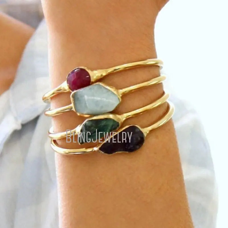 Raw Tourmaline Arm Cuff Bracelet Black Jet Stone Crystal Stainless Steel K Gold Color Bangle for Women Boho Jewelry Accessaries