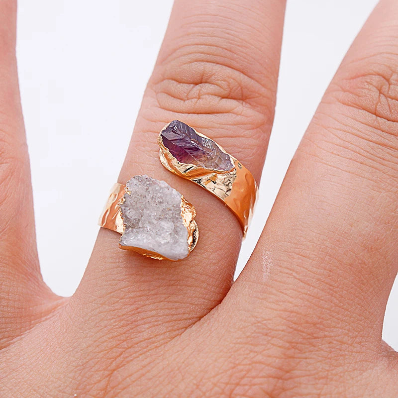 Irregular Raw Crystal Quartz Open Ring for Women Girls Gold-color Boho Amethyst Finger Jewelry Resizable
