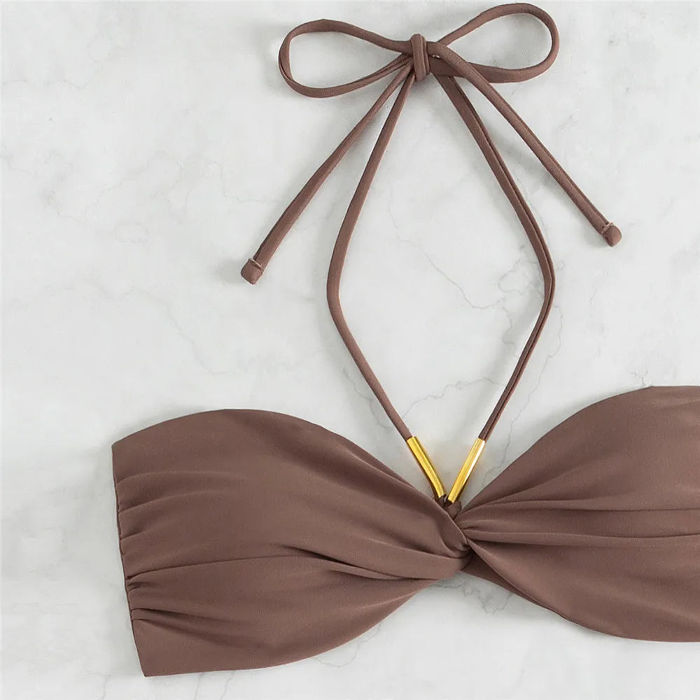 Brown Swimwear String Halter Bandeau Bikinis Sets Micro Thong Sexy Swimsuit Women Back Knotted Bathing Suit Bikini Mujer 2025