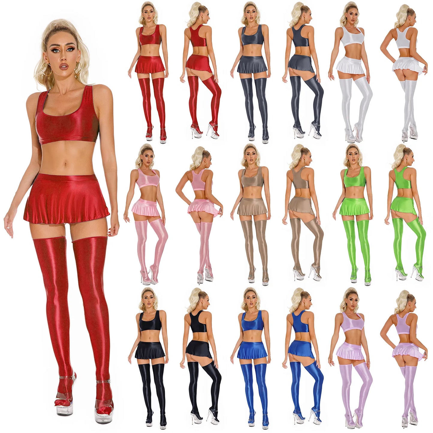 Womens Sexy Glossy Lingerie Set Oil Shiny Nightclub Outfit Crop Tank Tops with Mini Skirt Stockings Pole Dance Clubwear