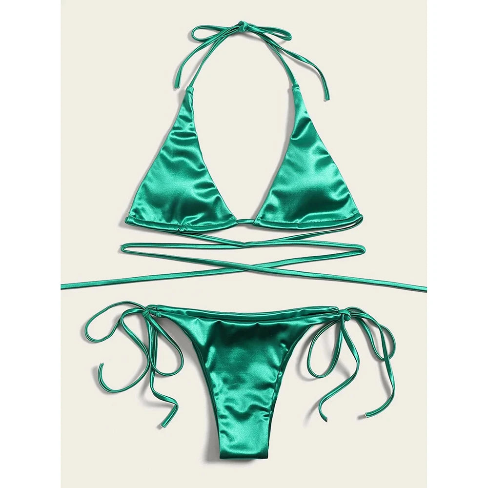 Metallic Halter Triangle Bikini 2023 Swimsuit Women Swimwear Female Bathing Suits Brazilian Thong Micro Bikinis Set Beach Wear