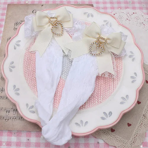 Handmade Sweet Lolita Bow Pearl Heart Pendant Lace Mid-Calf Socks Japanese Style Cotton Lace Socks Girls Women