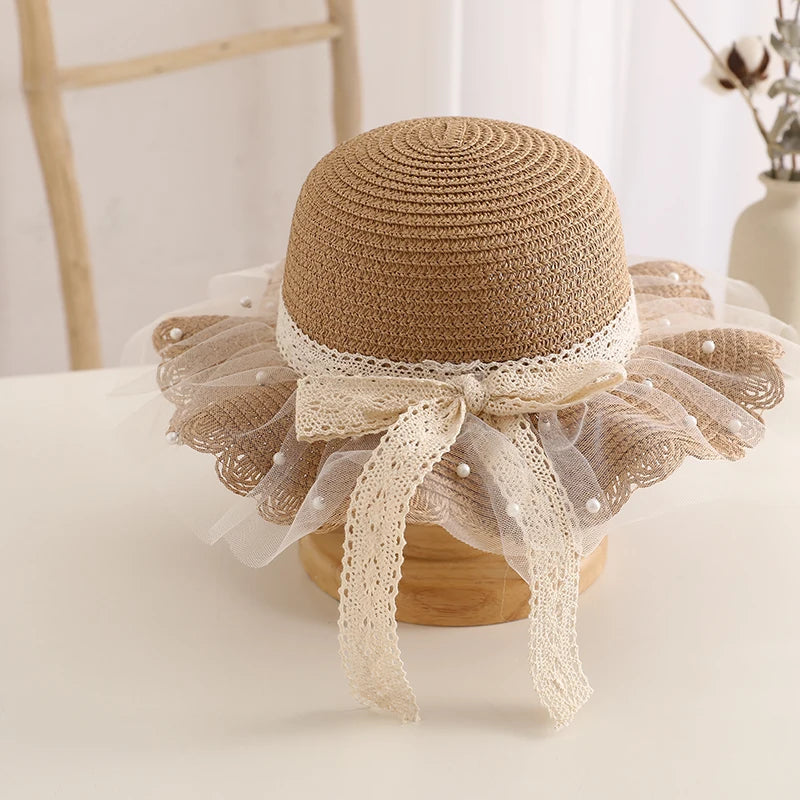 Kids Girls Wide Brim Straw Woven Cap Sun Protection Beach Hat Lace Pearl Summer Floppy Bucket Cap Portable Handbag панама