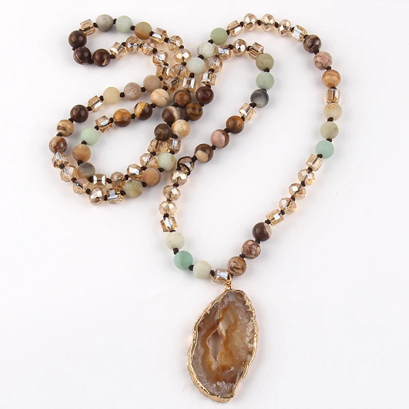 Fashion Bohemian Tribal Jewelry Crystal / Stone Long Knotted Irregular Druzy Stone Pendant Necklaces For Women