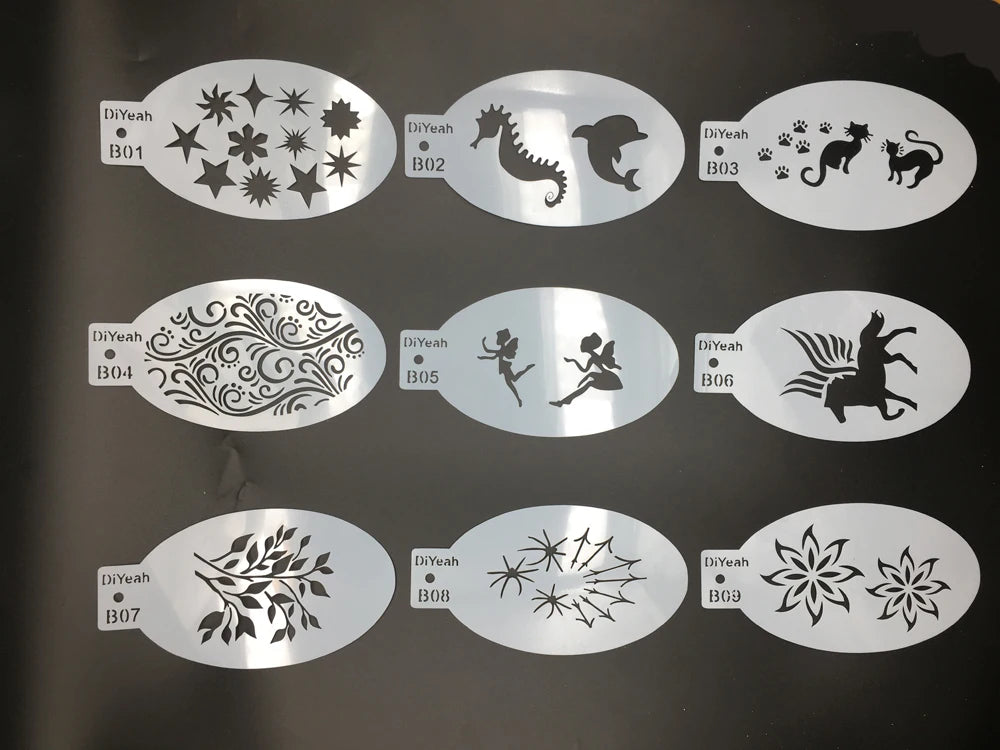 9PCS Stencils for Body Painting Face Art Halloween Birthday Party DIY Makeup Stamps Temporary Tattoos Reusable Stencils Plastics