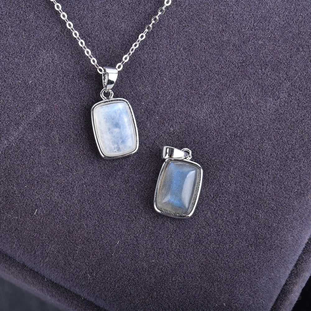 ITSMOS Natural Rainbow Moonstone Sterling Silver/Copper Pendant Necklace rectangle Energy Stone Jewelry for Women Girl Gift