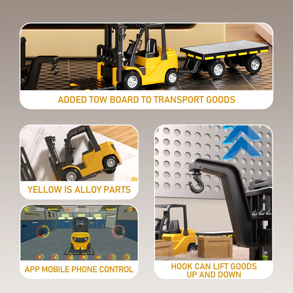 1:64 Bluetooth Remote Control Crane And Forklift two-in-one Desktop Mini Alloy Toy Car With Trailer Christmas Gift In Color Box
