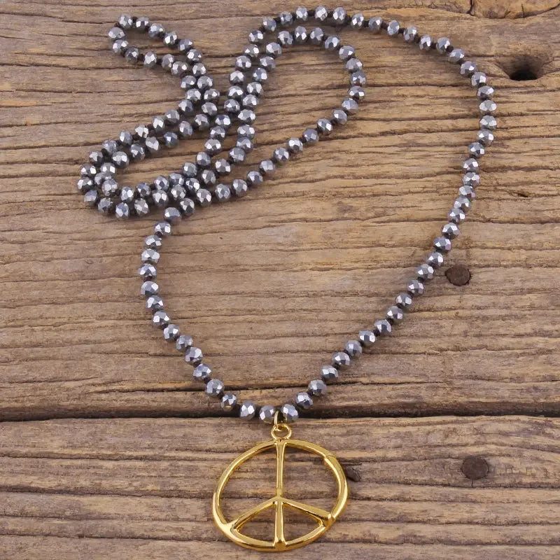 Fashion Boho Jewelry Accessory 6mm Glass Knotted With Metal Peace Pendant Necklaces For Women Femme Bohemia Necklace Gift