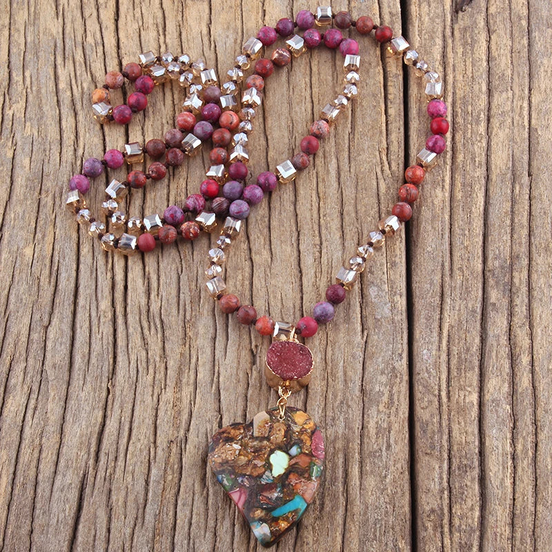 Fashion Bohemian Jewelry Boho Gift Natural Stones With Druzy Links Heart Stone Pendant Necklaces For Women