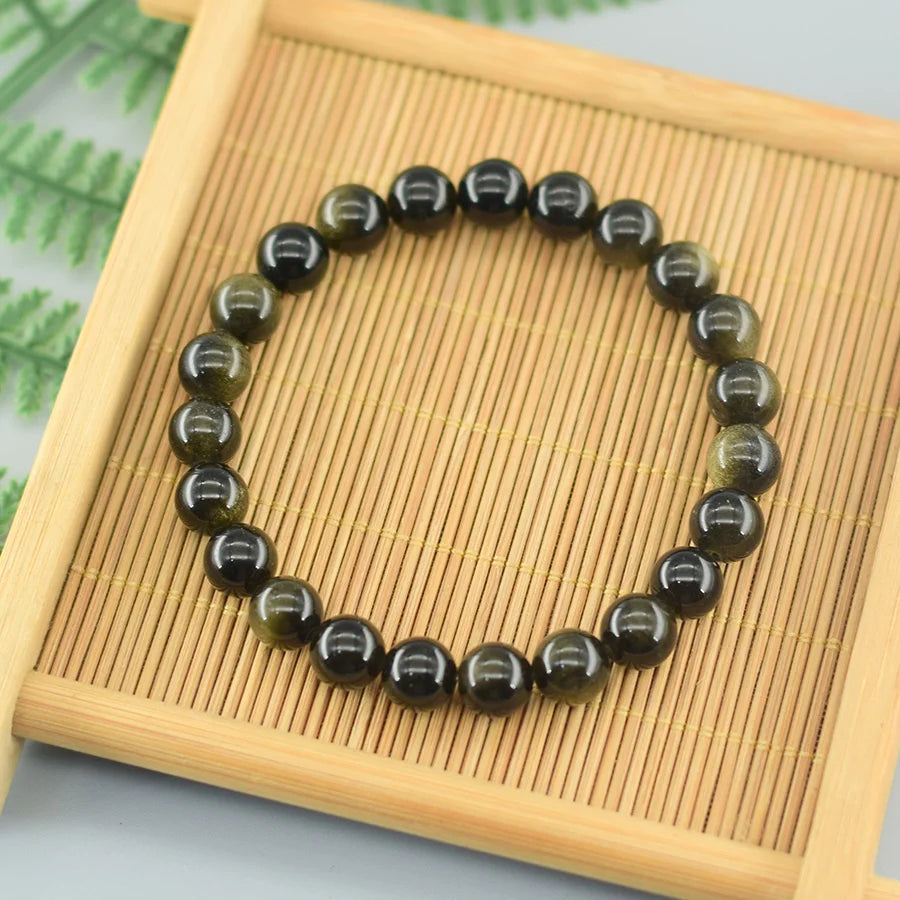 Natural Golden Obsidian Stone Beads Bracelet Men Women Golden Light Rainbow Obsidian Tourmaline Wealth Money Round Jewelry Gift