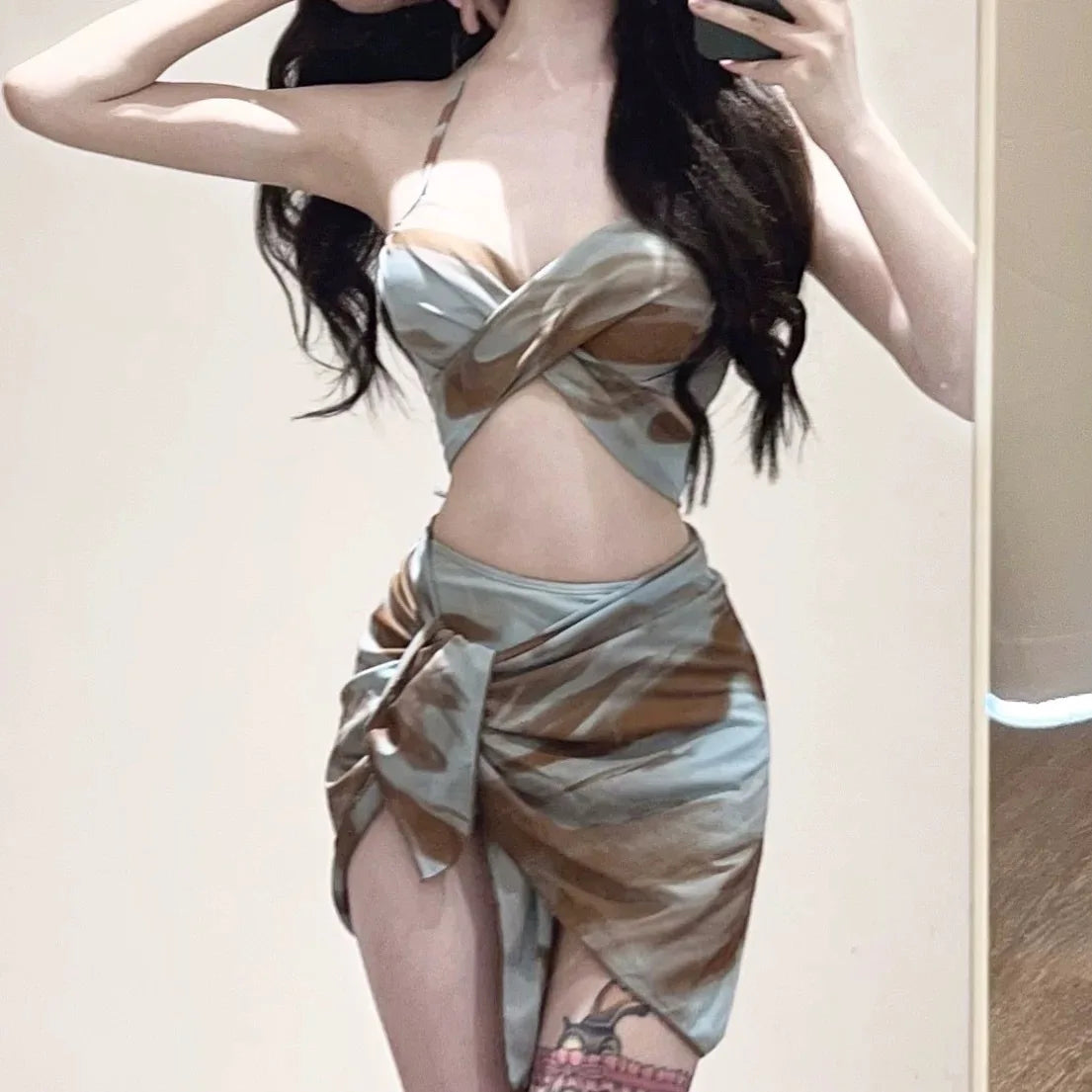 sexy Korean fashion blue tie dye print push up bikinis sets 3pcs with mesh cover skirt swimsuit sweet beach outfits biquini