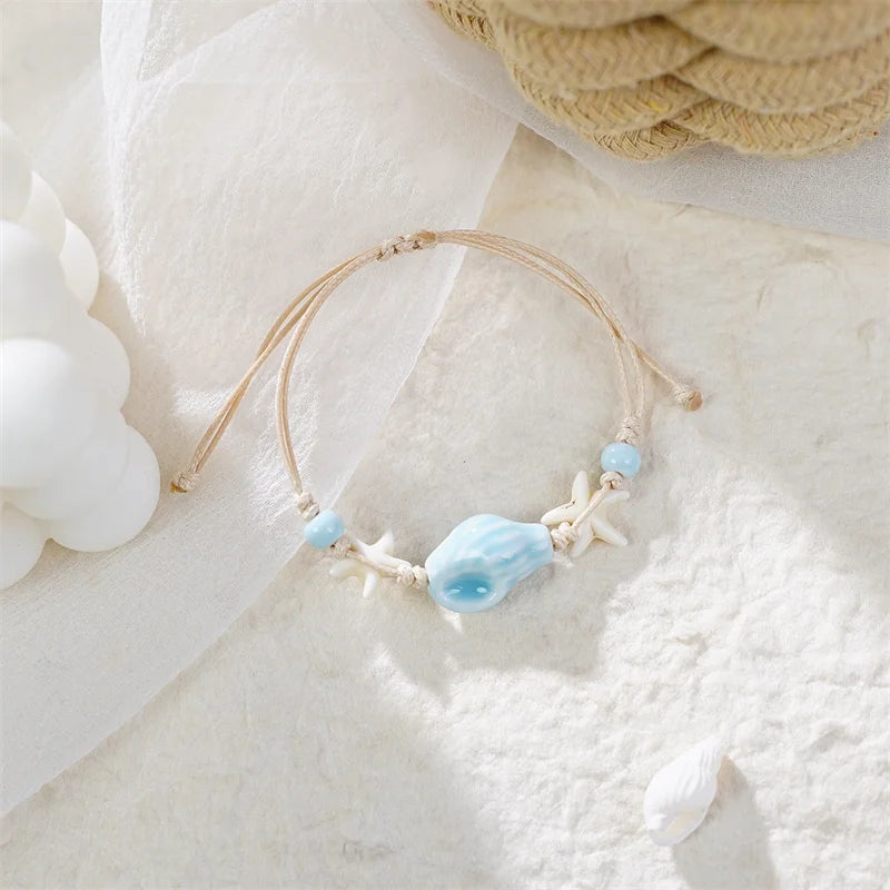 Bohemian Conch Starfish Shells Beaded Bracelets for Women Girls Boho Style Shell Beaded Beach Bangles Jewelry Gift Adjustable