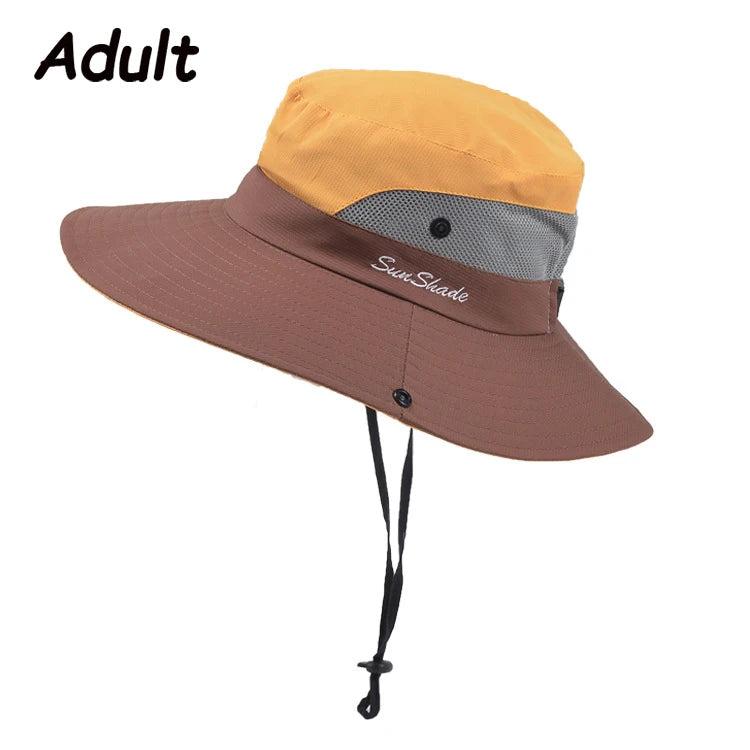 Women Summer Adjustable Bucket Hat with a Ponytail Hole Girls Sun Protection Hiking Cap Parent-child Outdoor Wide Brim Headgear