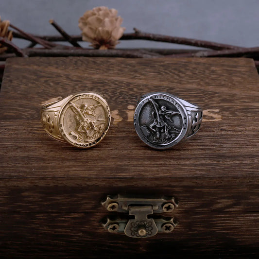 Never Fade Archangel Saint Michael Exorcism Ring Men's Punk Hip Hop Amulet Ring Stainless Steel Jewelry Party Gift Wooden Box