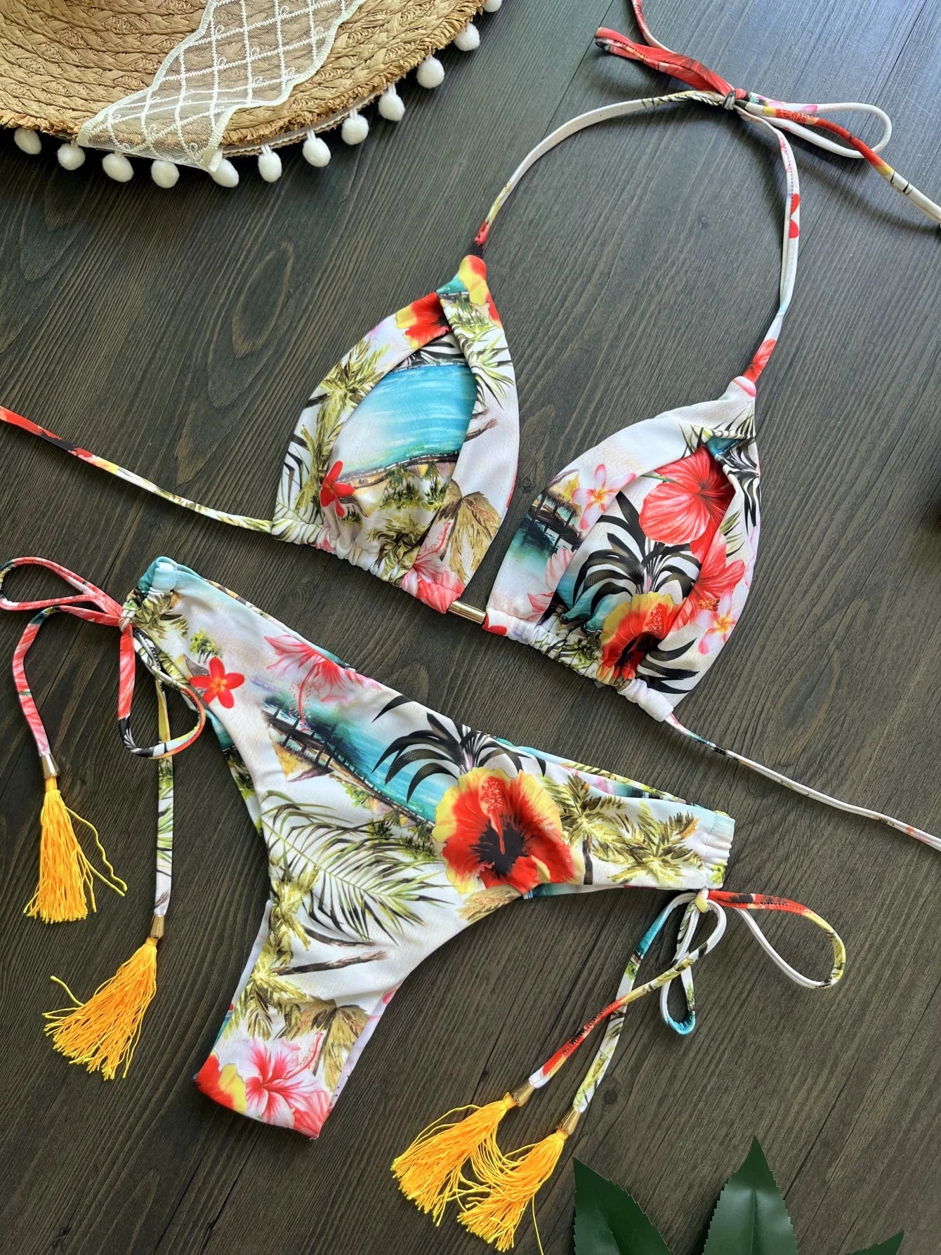 RUOTONSEPT New Sexy Botany Print Bikinis Set Women's Swimsuit Two-piece Triangle Halter Swimwear Bathing Suit Brazilian Biquinis