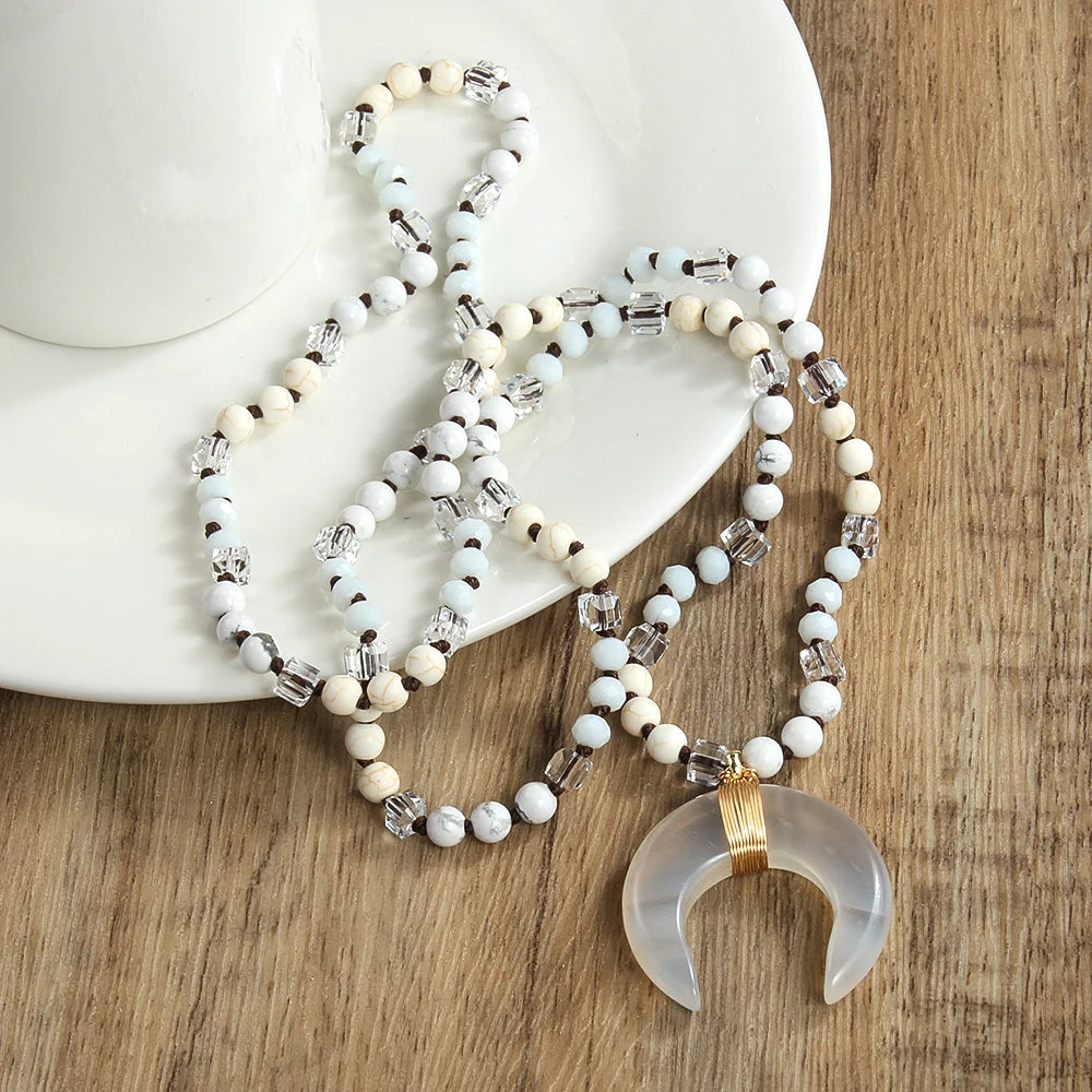 New Natural Crystal Aventurine Jade Agate Bull Horn Pendant 6mm Natural Stone Glass Knot Necklace Sweater Chain Women's Gift