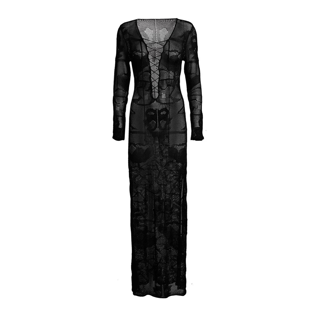 Deep V Dress Lace Up Long Sleeve Women Split Maxi Dress Crochet Knitted Tunic Mesh Sheer Sexy Bodycon Long Dress Vestido V4146B