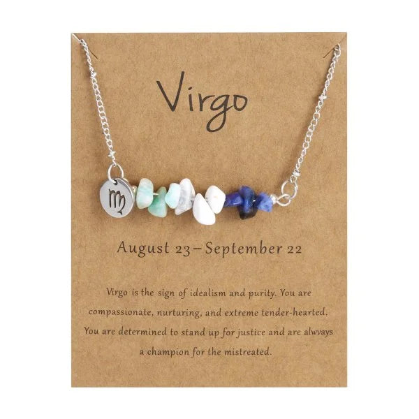 Stainless Steel 12 Zodiac Signs Constellation Charm Natural Crushed Stone Beaded Necklace for Men Women Couples Choker Virgo