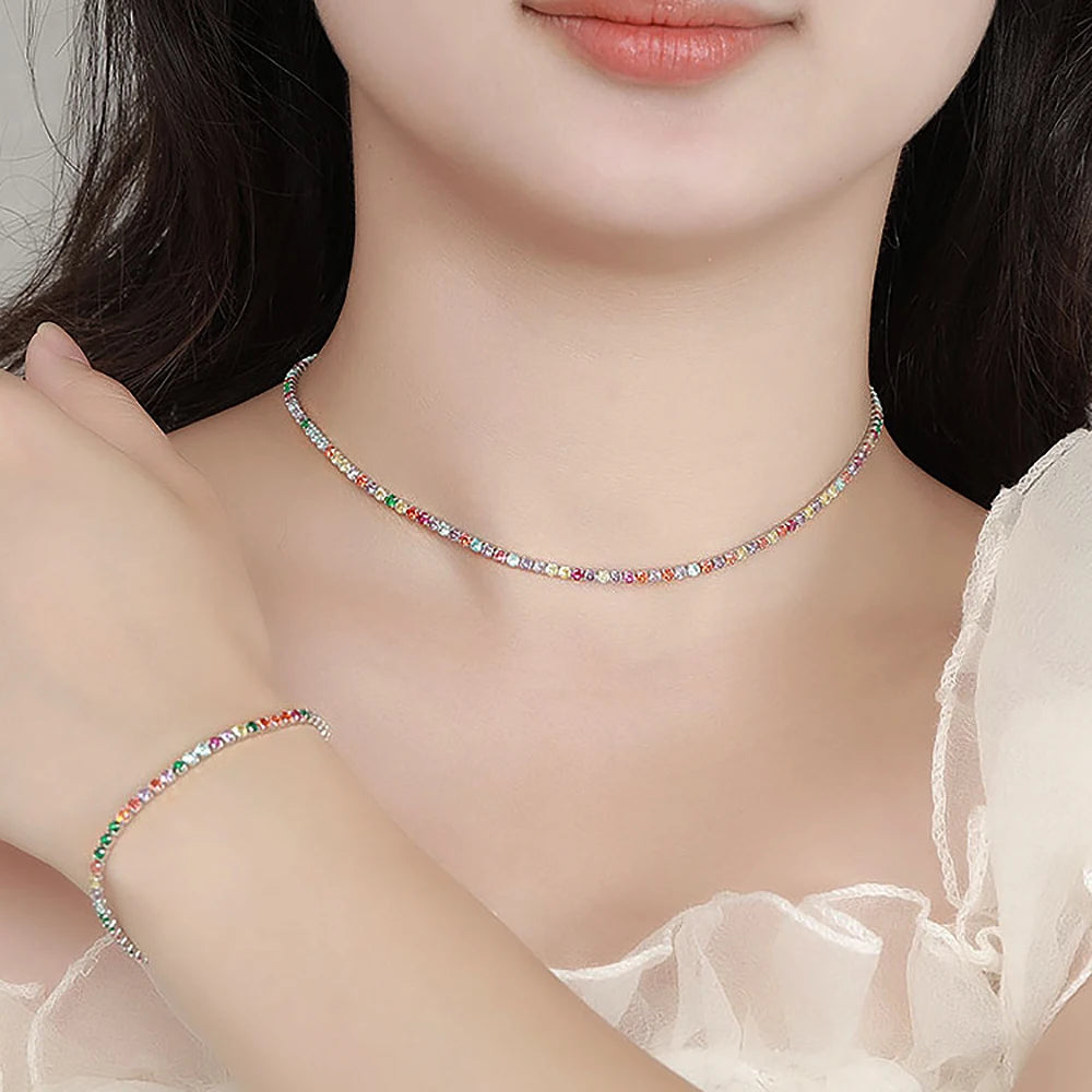 2.5/3mm Round Rainbow Tennis Necklace Bracelet for Women S925 Silver Colorful High Carbon Diamond Clavicle Choker Fine Jewelry