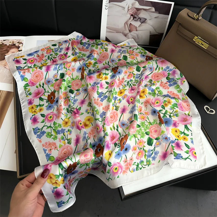 Imitated Silk Headcloth Fashion Flower Print Square Shawls Popular 70X70cm Bandanna Kerchief Sun Protection Silk Scarves Tie Bag