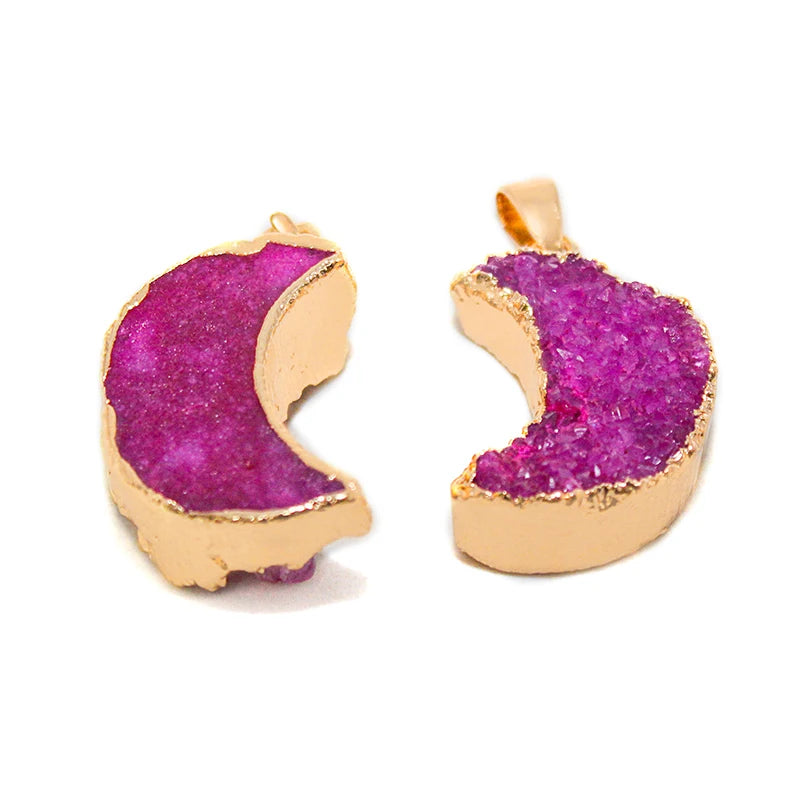 Natural Druzy Quartz Stone Moon Shape Pendant Jewelry Raw Crystal Cluster Jewelry For Women Girls Necklace Making