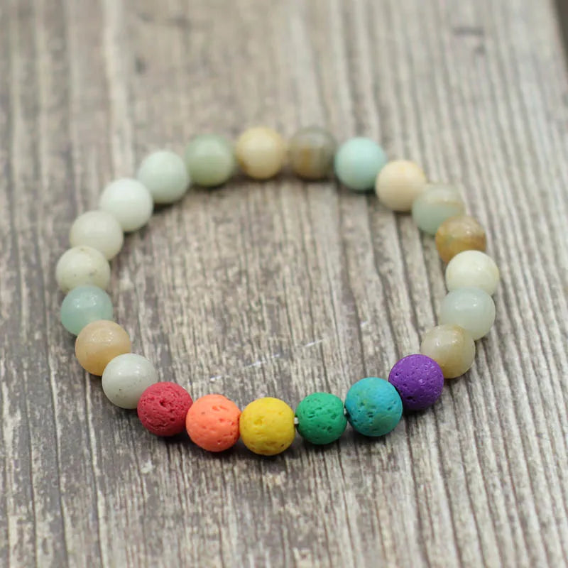 Colorful Lava Stone Bracelet Men Women 8mm Natural Onyx Tiger Eye Beaded Braclet Rainbow Friendship Brass Braslet