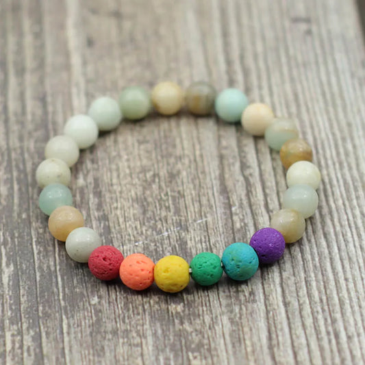 Colorful Lava Stone Bracelet Men Women 8mm Natural Onyx Tiger Eye Beaded Braclet Rainbow Friendship Brass Braslet